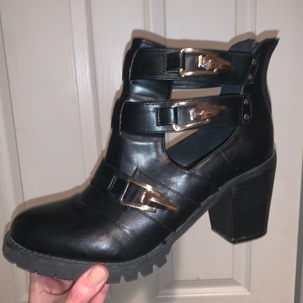 Black faux leather chunky heeled booties